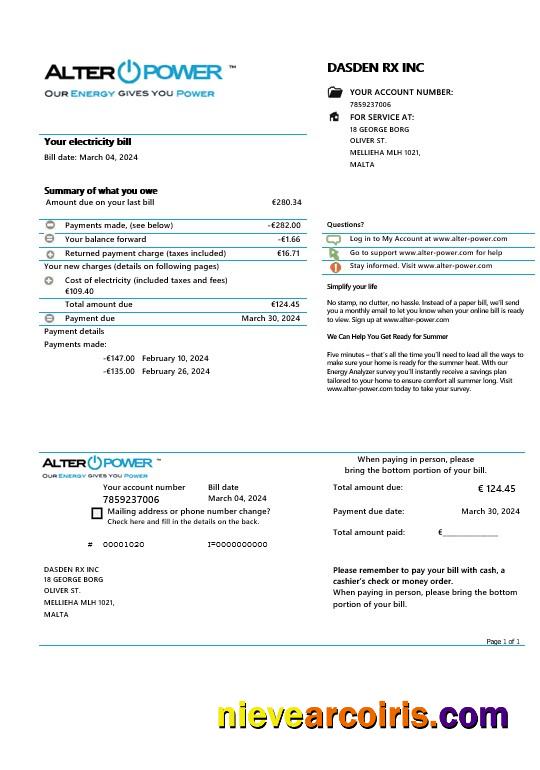 Malta AlterPower Malta proof of address business utility bill